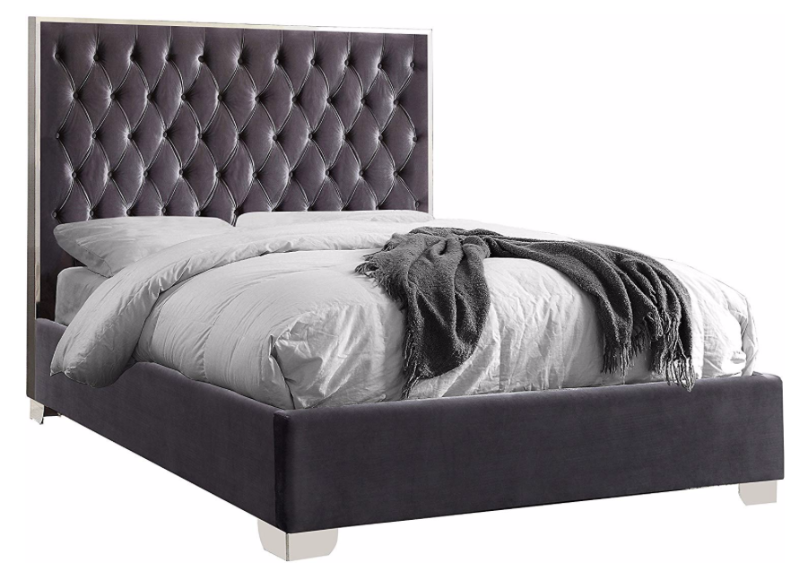 Silver Framed Gray Velvet Bed