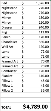 RH Inspired Bedroom 1 Price Sheet