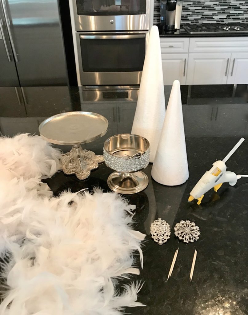 Materials for DIY Glam Feather Christmas Tree